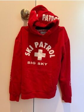 Big Sky Ski Patrol Hoodie Youth Medium 10/12 Red Graphic Sweatshirt Montana